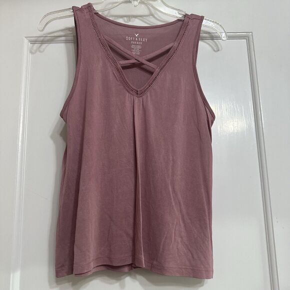 AMERICAN EAGLE Criss-Cross Soft & Sexy Sueded Tank, Blush Pink, MODAL, Sm - Picture 1 of 9